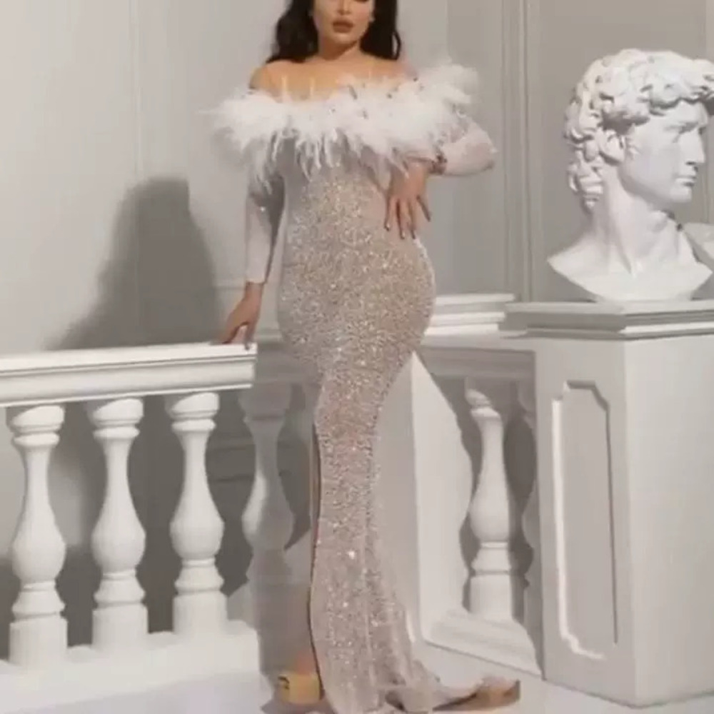 ZARA Sexy Gold Glitter Feather Trim Slit Bodycon Evening Party Dress